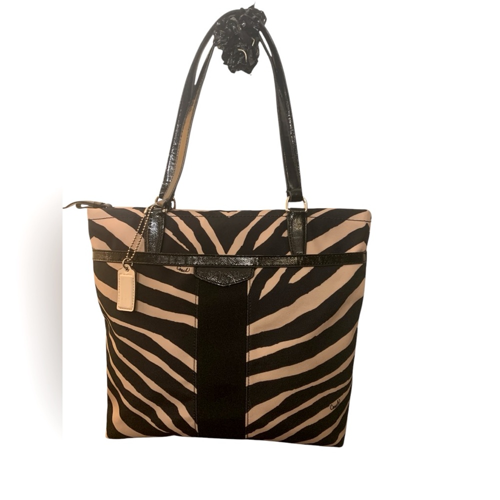 Coach Zebra 23283 Shoulder Handbag Tote Black&Beige Canvas Bag